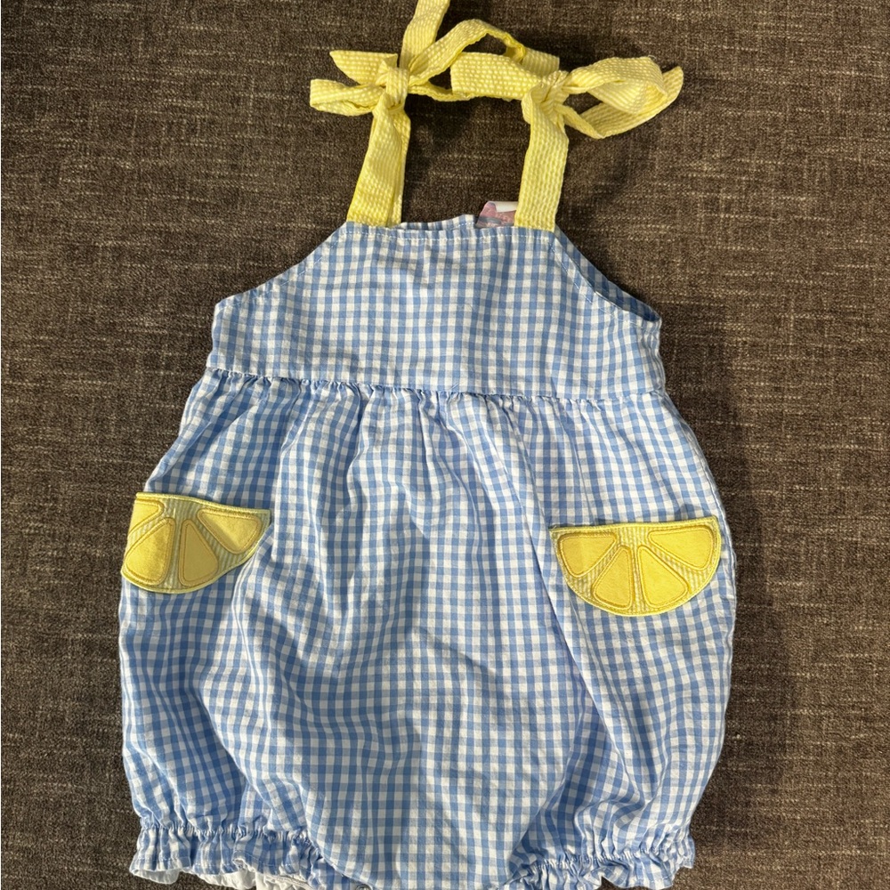 Blue Gingham Romper with Lemon Accents